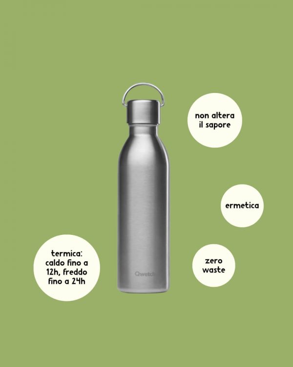Qwetch borraccia termica in acciaio inossidabile riciclato 600ml silver info